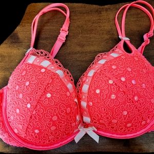 Victoria's Secret Tangerine with lace, sequins and ribbon! 34D EUC